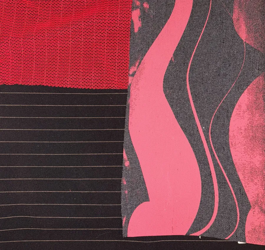 Red knit, black pinstripe and pink and black wave print.