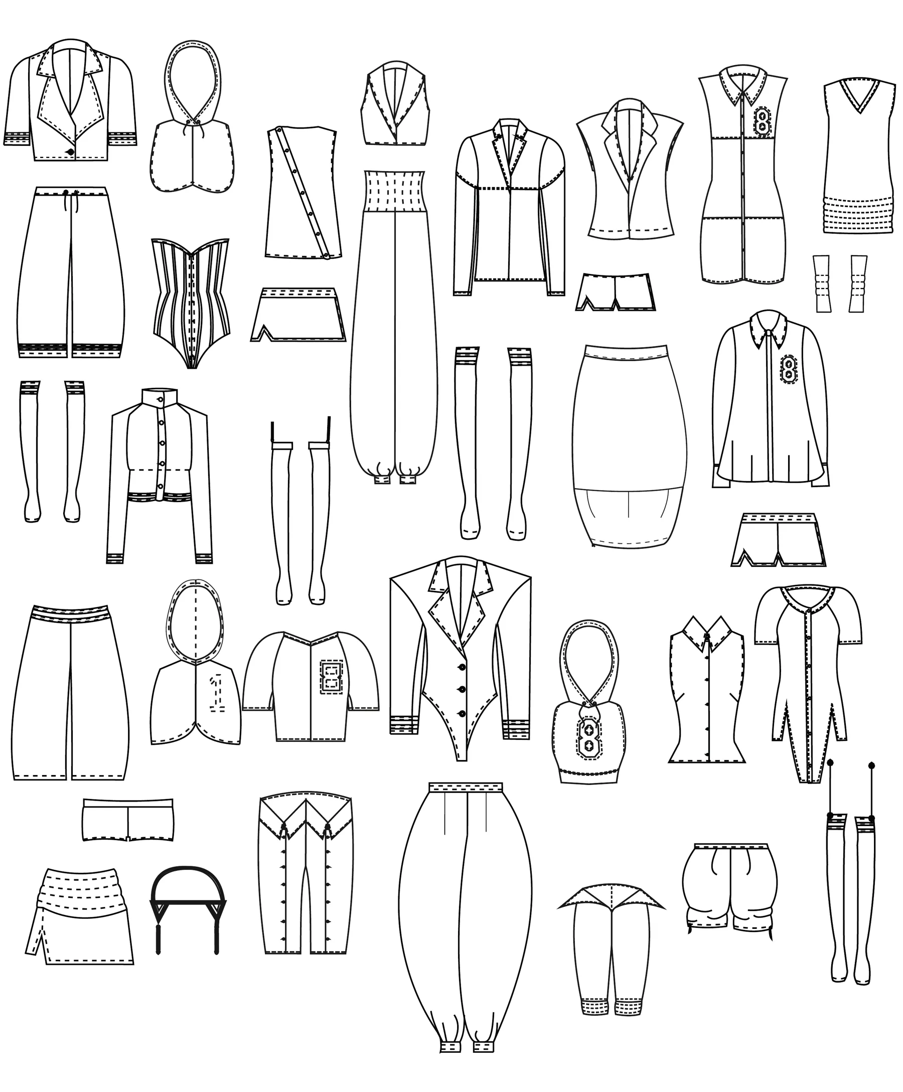 Second sheet of technical flats: every garment piece drawn front and back.