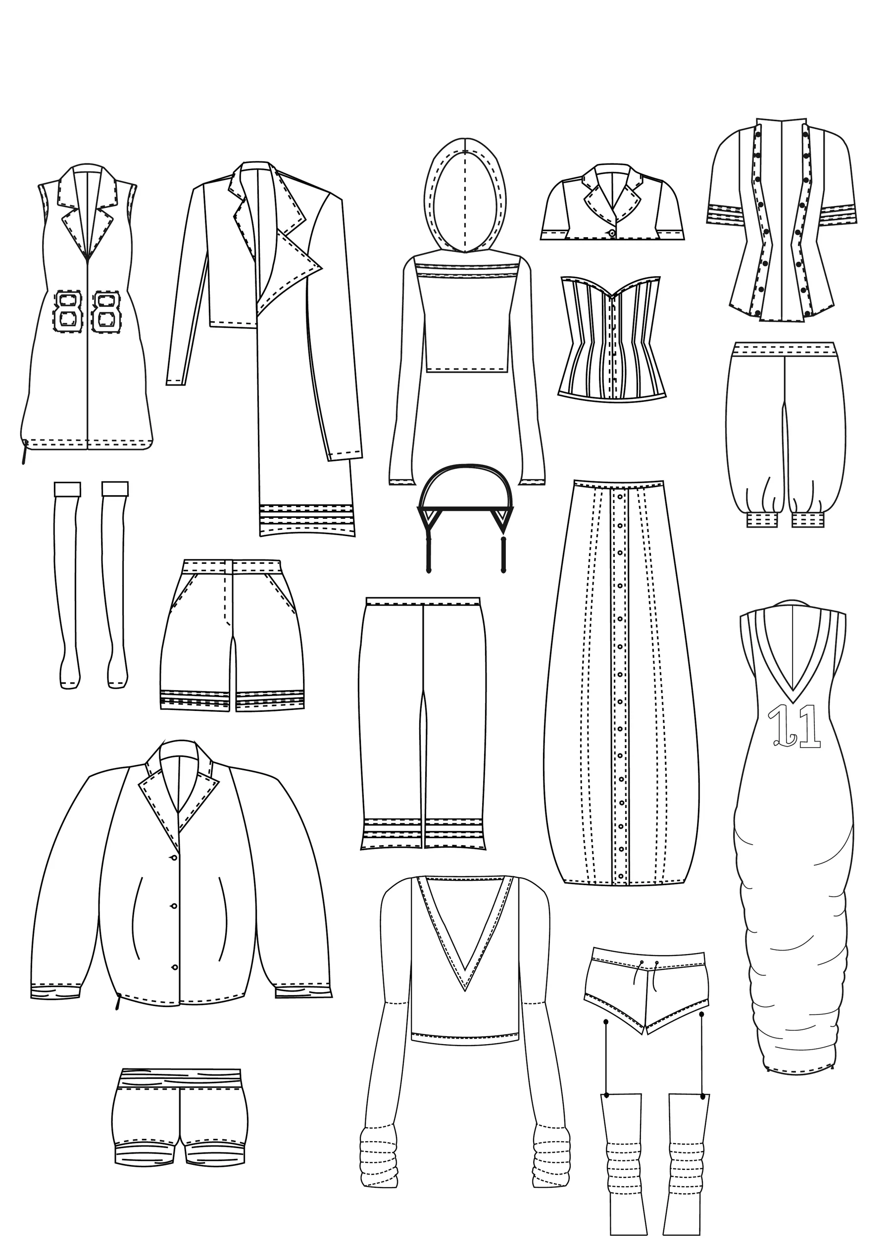 Technical flat drawings of every garment in the collection.