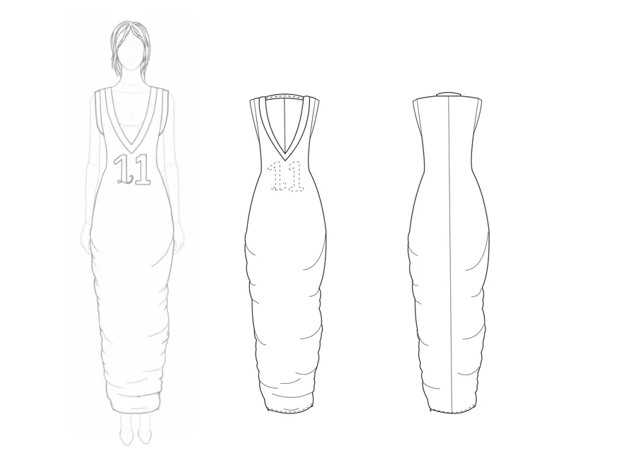 Flat drawings of the jersey dress with ruched sides, front and back.