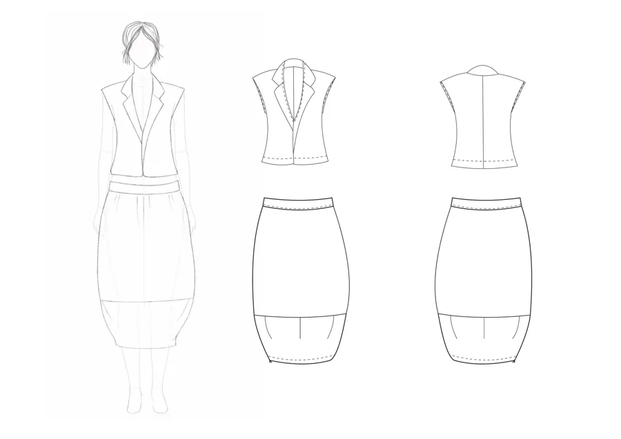 Flat drawings of the vest and balloon skirt, front and back.