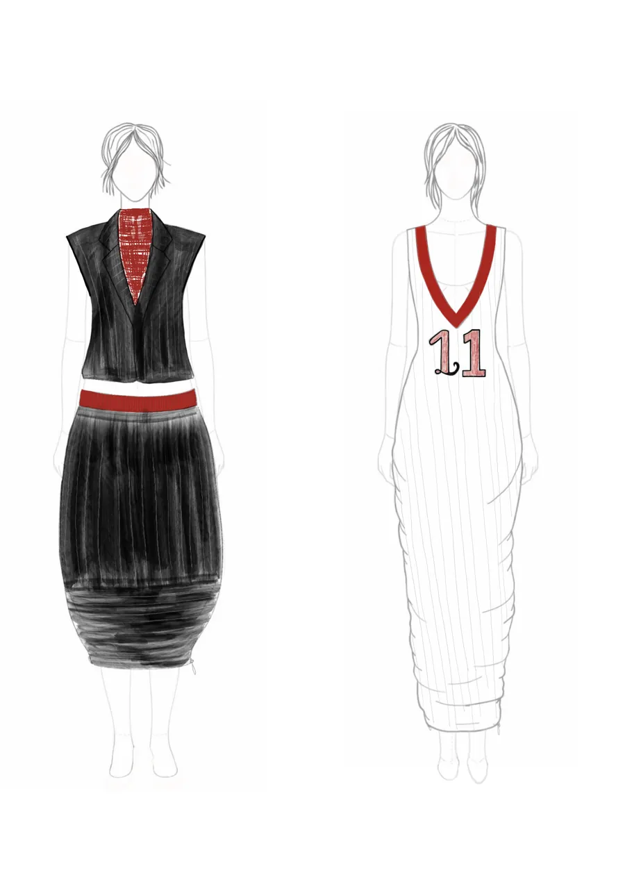 Coloured illustration of the two final looks.