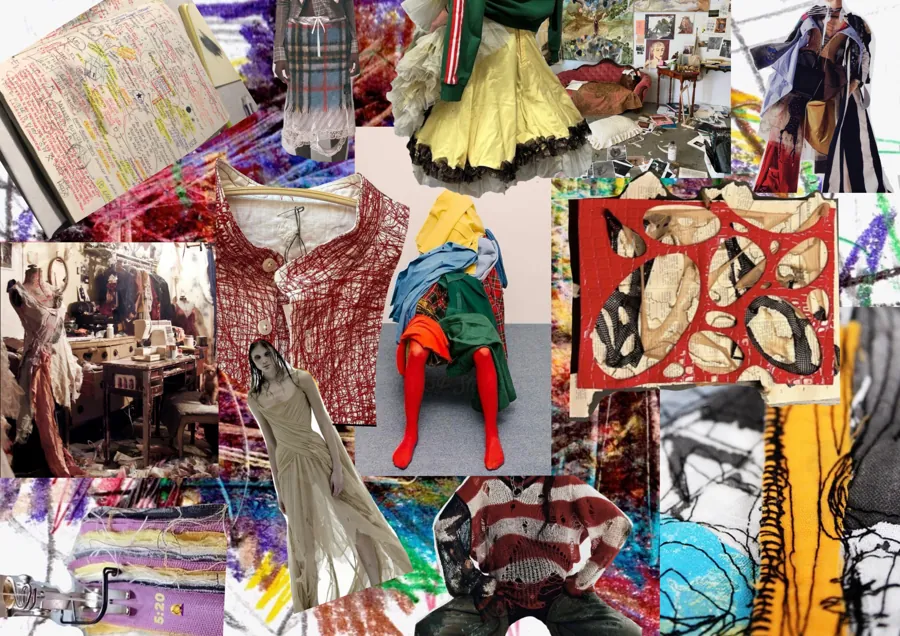 Moodboard collage: sketches, red tights, tailoring, gym details, colour.