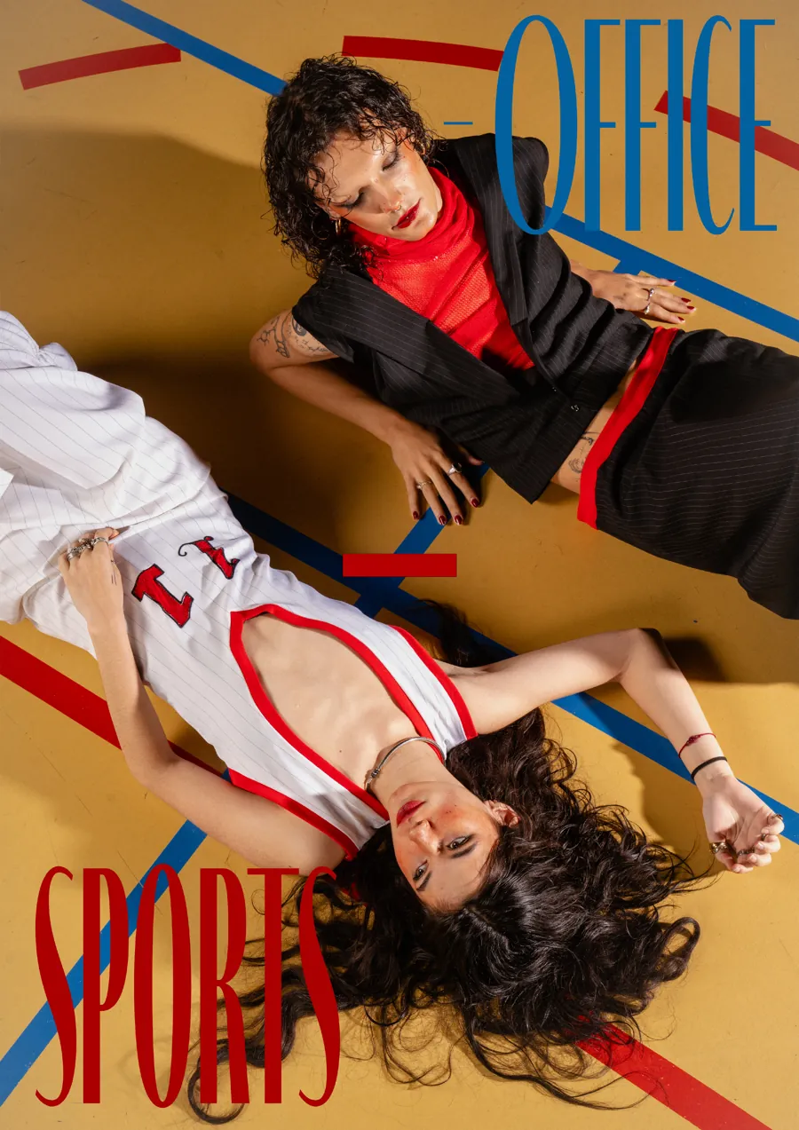 Poster reading 'Office' and 'Sports': one model in a black vest, one in a white number 11 jersey dress, lying on a gym floor with court lines.