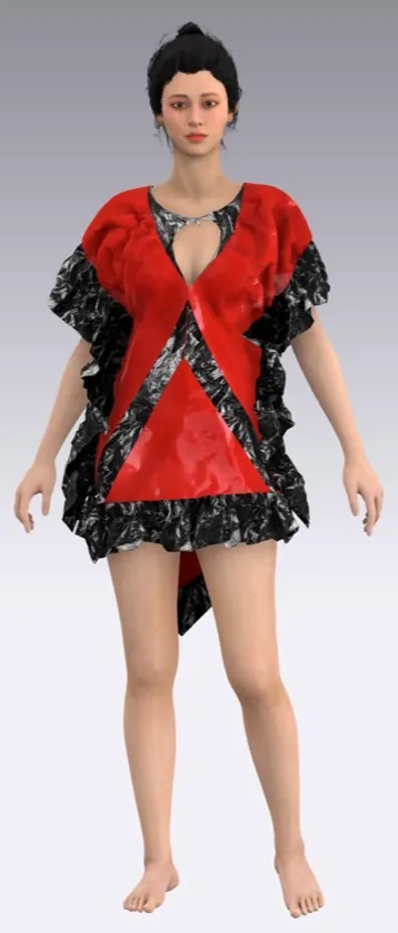 Look 1: red plastic tunic with black ruffled panels.