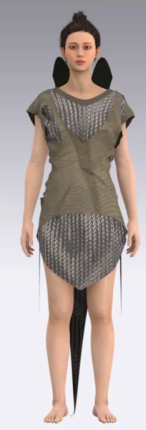 Look 2: khaki mesh dress with a black tail.