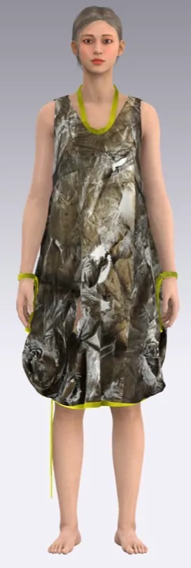 Look 3: crumpled silver plastic balloon dress with lime trim.