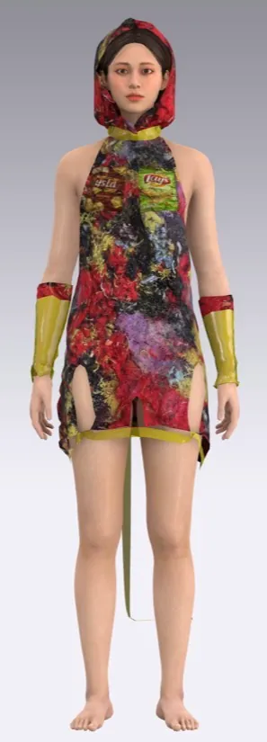 Look 4: hooded floral plastic dress with yellow arm sleeves.