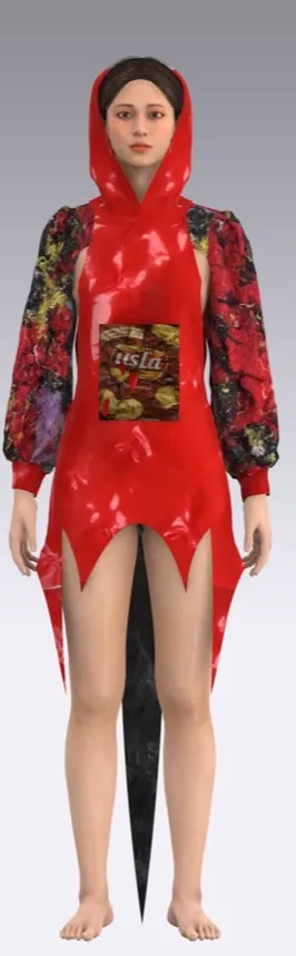 Look 5: red hooded plastic dress with printed panel and tail.