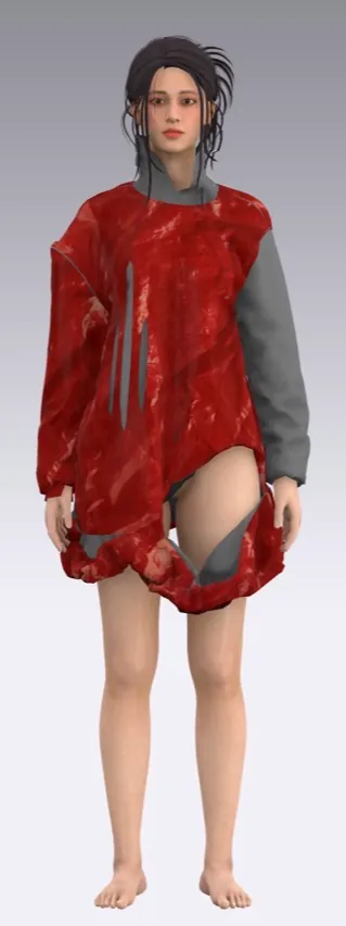 Look 6: oversized red plastic top with a grey sleeve.