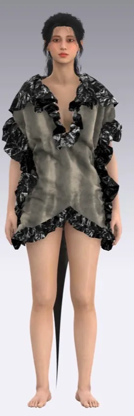 Look 7: grey plastic tunic with black ruffled edges.
