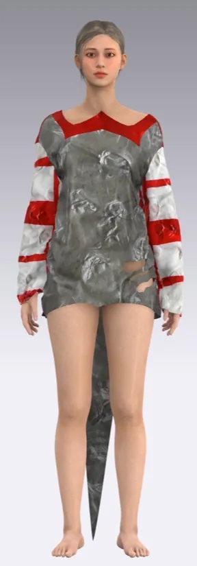 Look 8: silver mini dress with red and white striped sleeves.