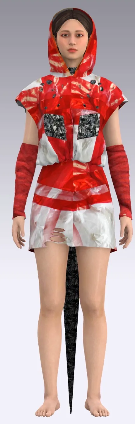 Look 9: red and white carrier-bag hoodie and skirt.