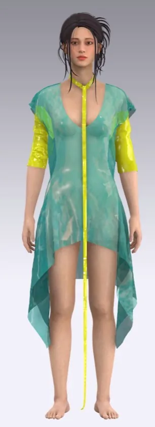 Look 10: sheer teal plastic dress with yellow sleeves.