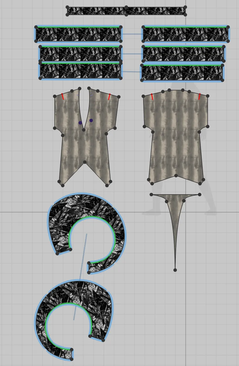 CLO3D pattern pieces in silver and black textures with ruffle strips.