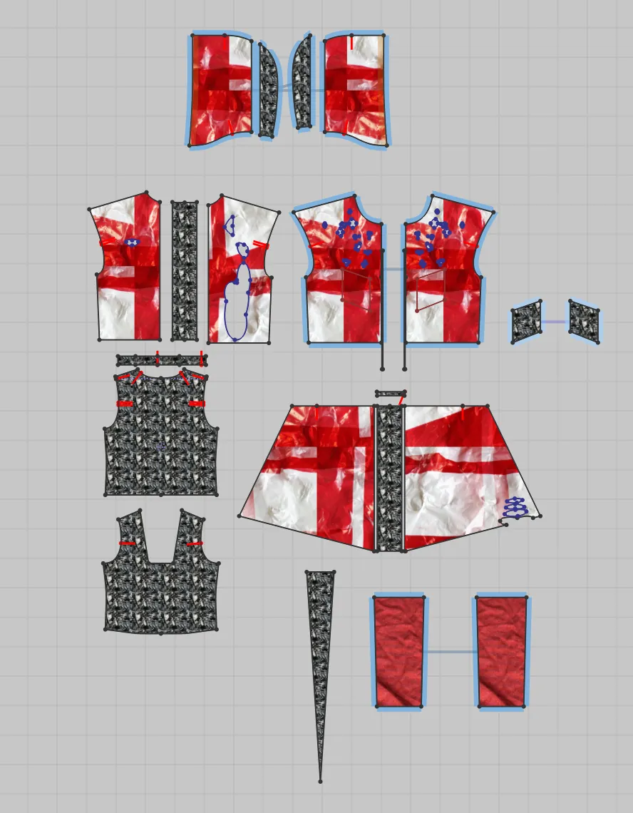 CLO3D pattern pieces textured with red and white carrier-bag print.