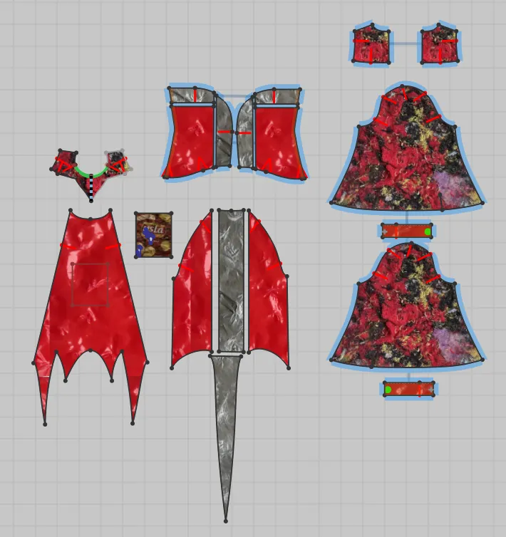 CLO3D pattern pieces in red plastic and a floral print with a long tail piece.